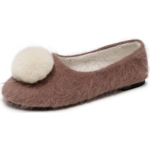 2019 autumn and winter new shallow mouth comfortable shallow fur shoes wild womens plus velvet flat shoes