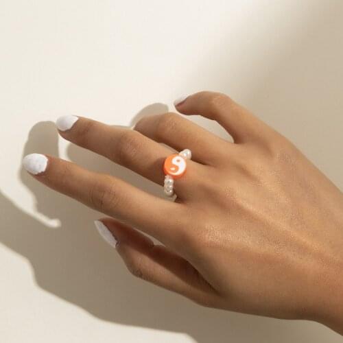 New Ins Creative Simple Color Clay Tai Chi Gossip Ring Vintage Imitation Pearl Rings For Women Girls Fashion Jewelry Gift