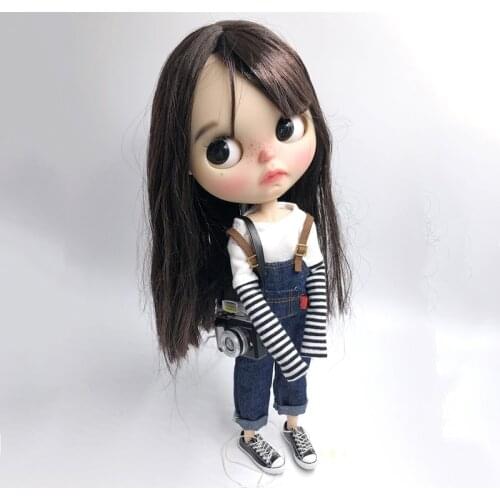 2PCS New Fashion Blyth Doll Clothes Long Sleeve Stripe T-shirt+Bib Pants for Blyth, Ob24, Azones 1/6 Doll Accessories Clothing