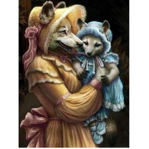 Full Round Diamond Painting Kits Cartoon Wolf Mum Baby Mosaic Embroidery Picture Crystal Rhinestones Stickers Decal Wall Art