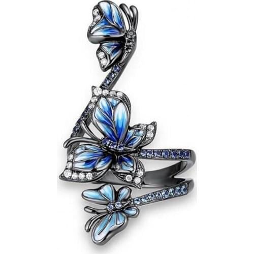 Adjustable Exquisite Ring Elegant Open-end Design Three Blue Butterflies Ring Jewelry for Decoration