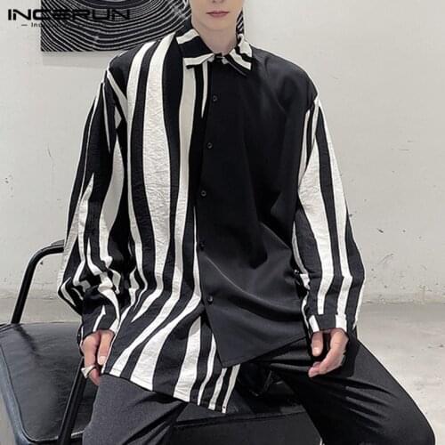 Men Fashion Patchwork Shirts INCERUN Long Sleeve Turn Down Collar Chemise Irregular Buttons Blusas Man Stripes Casual Shirts 5XL