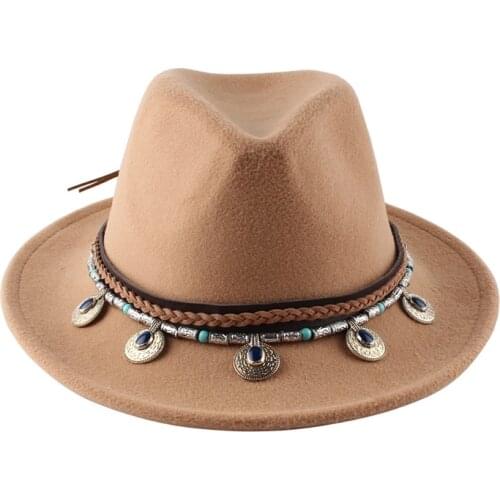 Jazz hat autumn winter vintage Felt hat lady fashionable leather belt buckle woollen hats cowboy cap multicolor classic formal