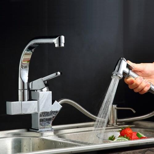 Kitchen Faucet Pull Out Shower Flushing Sprayer Head Copper 360 Swivel Dual Spout Cold Hot Water Sink Mixer Tap Single Handle