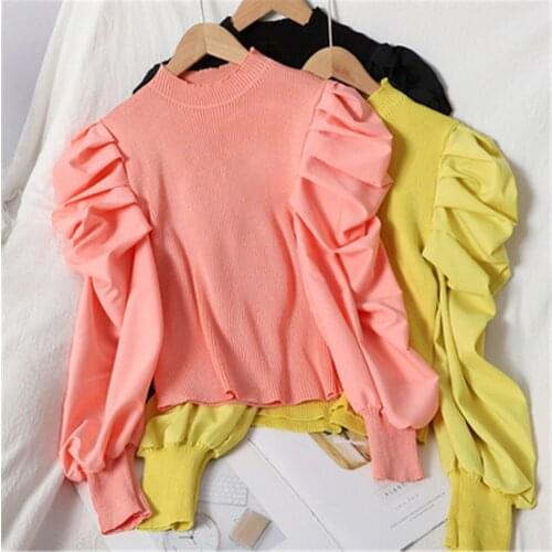 Autumn New Fashion 2021 Casual Pink/Yellow Patchwork Sweater Elegant Round Neck Sweet Knitted Shirts Vintage Slim Knit Tops Lady