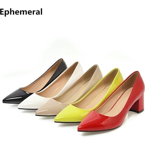 Ladies OL Pumps Pointed Toe Zapatos Mujer Square Heel Patent Leather Slip-Ons Spring High Heels Shoes Green Black Red Size 43 34