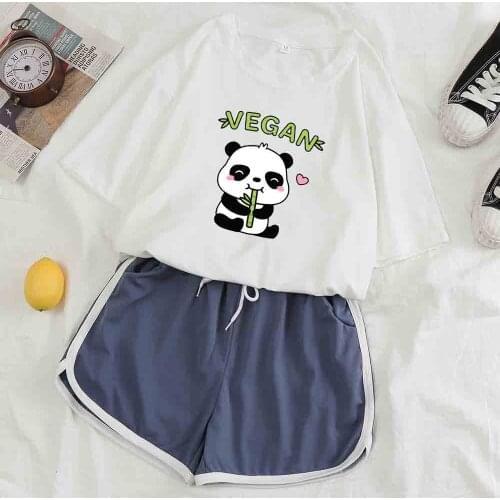 Vegan Panda Letter Print Two Piece Set Women Pajama Shorts Women Sleepwear Set Short Sleeve Graphic T Shirts Nightwear Pyjamas