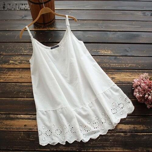 Vintage Lace Crochet Tops Womens Spaghetti Strap Blouses ZANZEA 2021 Casual Summer Floral Tunic Female Chemise Plus Size Blusas