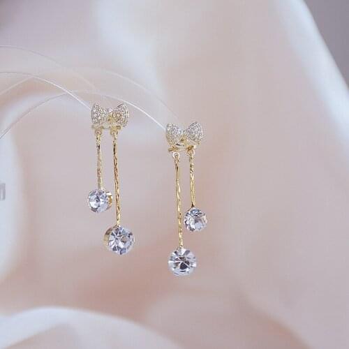 Xinbada 14k Real Gold Plated Rhinestone Bowknot Tassel Earrings for Woman New Fashion Elegant Long Earring