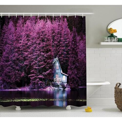 Lavender Shower Curtain Purple Trees by The Lake with Blue Wooden Rustic Lakehouse Lodge Romantic Spring Nature Bath Curtains