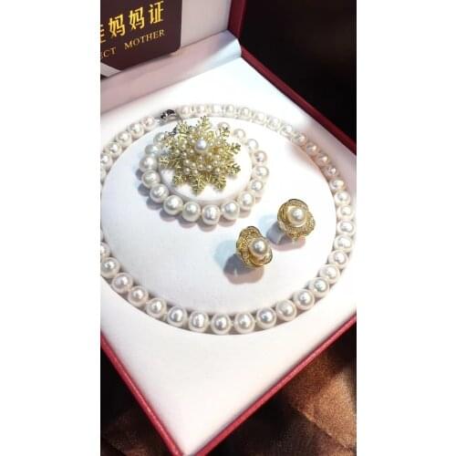 D410 Pearl Set Fine Jewelry Natural 9-10mm Almost Round Fresh Water White Pearls Jewelry Sets