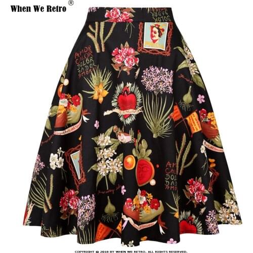 When We Retro 50s 60s Vintage Skirt Women Sexy Floral Print Plus Size High Waist A Line Swing Black Female Flare Skirt VD0020