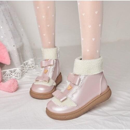 Womens Lolita BowKnot Ankle Boots Platform Warm Winter Snow Shoes Thick Girls Round Toe Plus Size Sweet