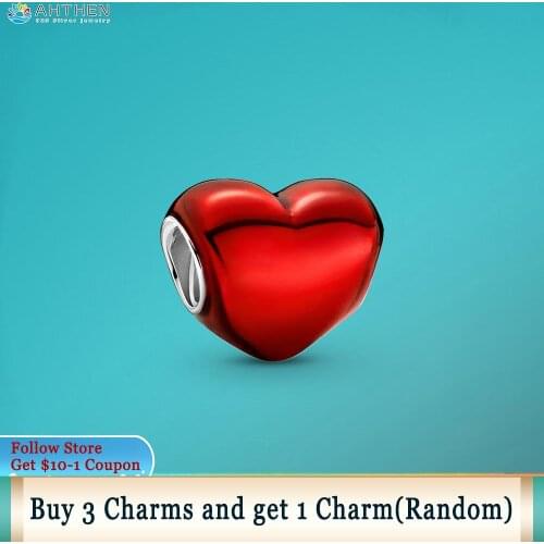 Ahthen 925 Sterling Silver Beads Metallic Red Heart Charm fit Original Pandora Bracelets for Women Jewelry Making Birthday Gift