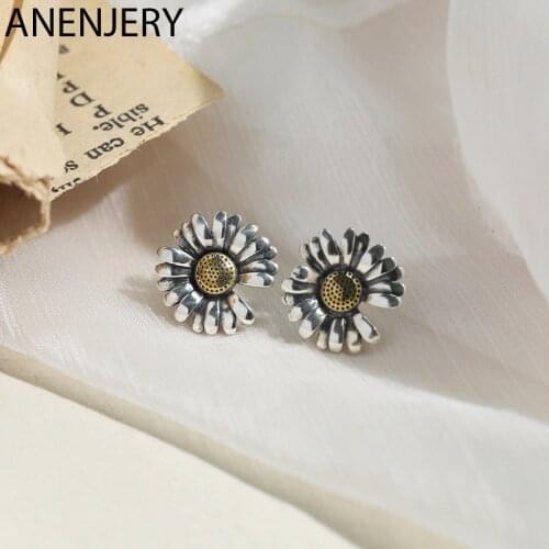 ANENJERY 925 Sterling Silver Small Retro Little Sun Flower Stud Earrings for Women Party Jewelry Gifts Wholesale S-E1190