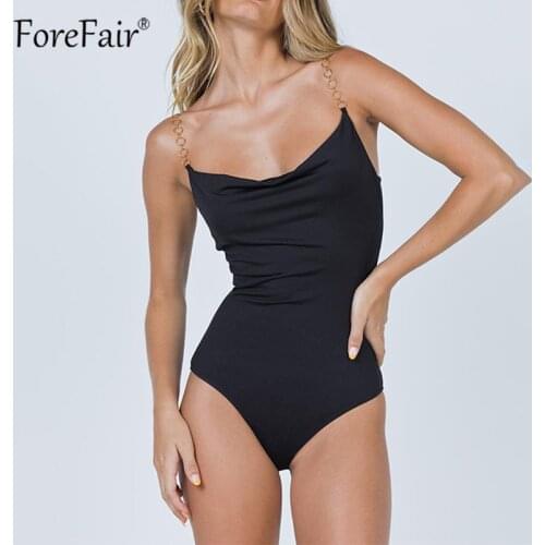 Forefair Sexy Black Women Bodysuit Tops Sleeveless Solid Fashion Backless Spaghetti Strap V Neck Rompers Summer 2021 Party