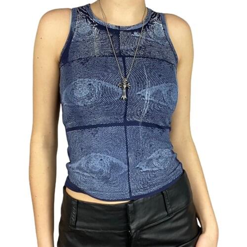 Women’s Causal Round Neck Vest Personality Eyes Printing Exposed Navel Sleeveless Tops