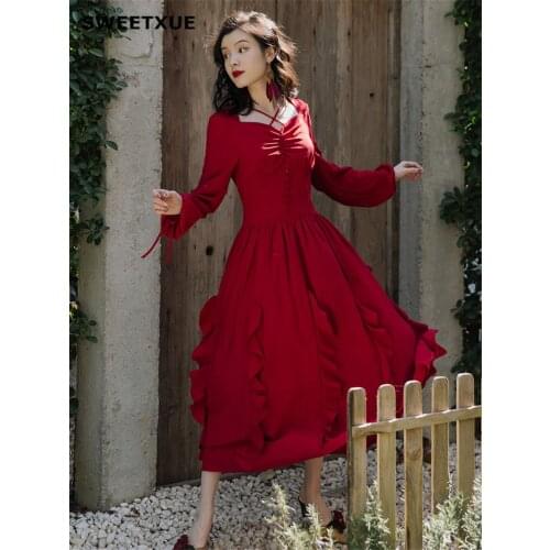 SWEETXUE Long Dresses Female Fairy Retro Wine Red Seaside Vacation Beach Fashion Elegant Temperament Lantern Sleeve Dresses