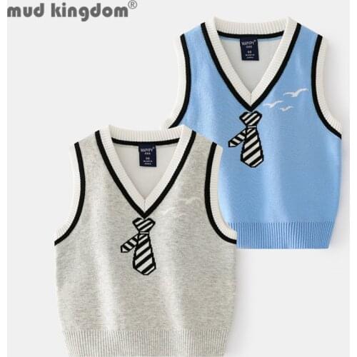Mudkingdom Boy Sweater Vest Fashion V-neck Tie Pattern Sleeveless Waistcoat Kids Pullover Preppy Style Tops Clothe Spring Autumn