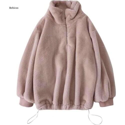 Winter Turtleneck Furry Sweatshirt Women Casual Plush Faux Fur Coat Vintage Thick Korean Zipper Keep Warm Hoodies Tops