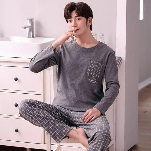 2021 Autumn Long Sleeve Cotton Pajama Set for Men High Quality Casual Plaid Sleepwear Suit Male Loungewear Homewear Home Clothes