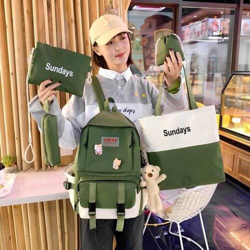 5 Pcs Set Cute Women Backpack Canvas School Bags For Teenage Girls Kawaii College Student Book Bag Kids Rucksack 2021 Book Bag