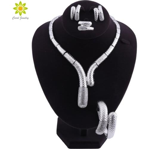 African Dubai Bridal Jewelry Sets For Women Wedding Crystal Silver Plated Necklace Earrings Set Fashion Costume Jewellery