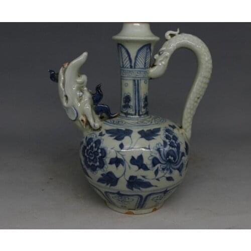 Antique YuanDynasty porcelain pot,blue &White,dragon mouth,hand painting crafts,Decorations,Collection&Adornment,Free shipping