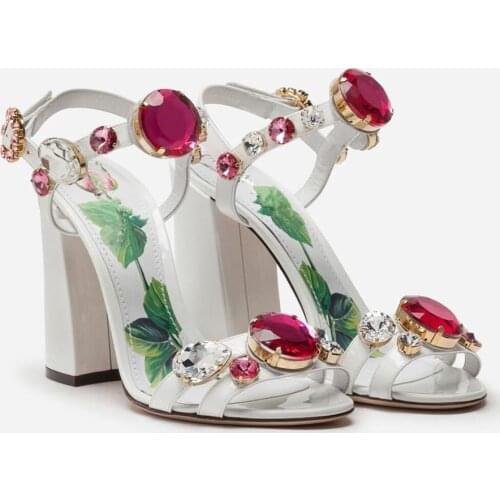 2020 Summer Fashion womens high heeled sandals High quality Real leather floral print crystal party shoes EU35-42 BY795