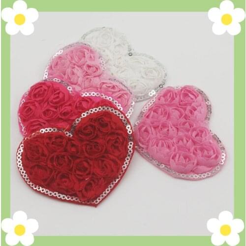 10pcs 3" Chiffon Rosettes Beads Heart Appliques For DIY Toddlers Headdress Girls Headband Hair Clothing Making Accessories