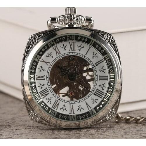 Silver Roman Numeral Square Dial Mechanical Hand Winding Pocket Watch Open Face Elegant Retro Pendant Manual Mechanism Timepiece