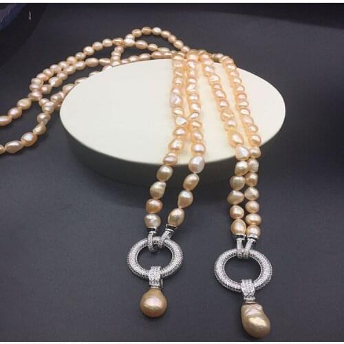 100% Freshwater Pearl Long Necklace Natural Pink Color Baroque Pearl Sweater Necklace Jewelry Women Gifts Keshi Pearl Design