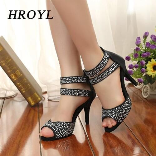 HROYL Latin Dance Shoes For Women Satin+Crystal Diamond African print Salsa Dance Shoes Womens Ballroom Dance Sandal L252