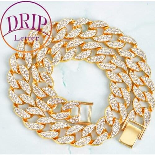 15mm Miami Cuban Necklace Full Rhinestone Crystal Choker Gold Color Hip Hop Chain Fashion Punk Jewelry Gift