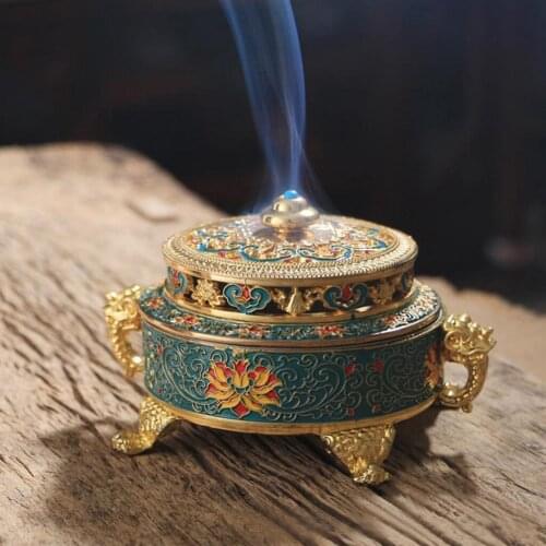 Antique Alloy Color Painted Lotus Tibetan Flower Coil Incense Burner Feng Shui Incense Burner Holder for Home Living Room Decor