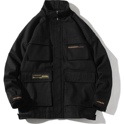 Nice Autumn Cargo Jackets Men Streetwear Solid Color Jacket Hip Hop Long Sleeve Coat Pocket Windbreaker Male Bomber Jackets Men