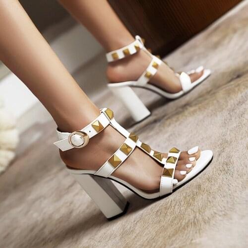 Summer Women Thin High Heels Shoes Sandals Fashion Rivet Gladiator Ankle Strap Sexy Pump Female Party Wedding Ladies Plus Size
