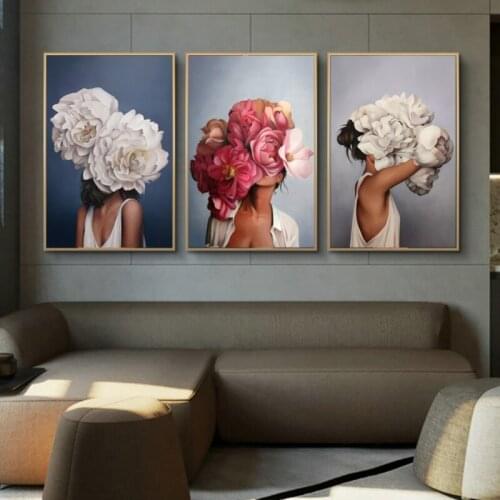 Nordic Woman Head with Flowers Canvas Paintings On the Wall Art Posters And Prints Feather Girls Wall Pictures Home Cuadros