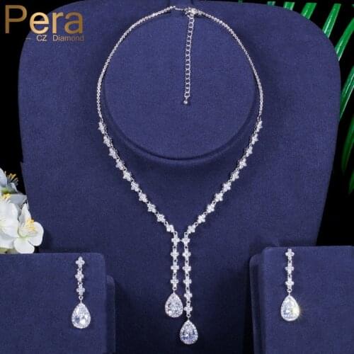 Pera Sparkling Silver Color Luxury Wedding Party Long Waterdrop Cubic Zirconia Necklace And Earrings Jewelry Set For Women J130