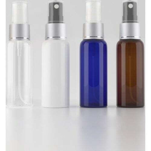 50ml X 50 Empty White Blue Brown Round Fine Sprayer Pump Bottles 50CC PET Cosmetics Container Silver Aluminum Mists Spray Pump