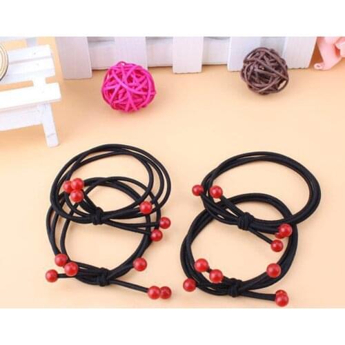 5PC High elastic rubber band girls head rope Red Bead Hair circle color rubber band hair rope