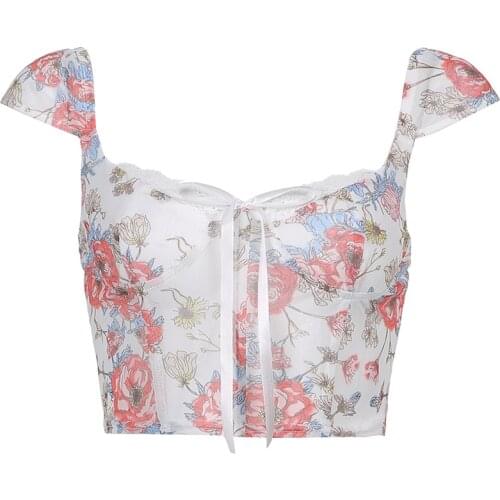 Sexy mesh see-through lace flower embroidery slim tank top women