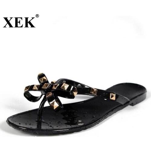 XEK Women Rivets Bowknot Flat Slippers Girls Flip Flops 2018 Summer Shoes Cool Beach Jelly Shoes Dropshipping dropshipping WFQ72