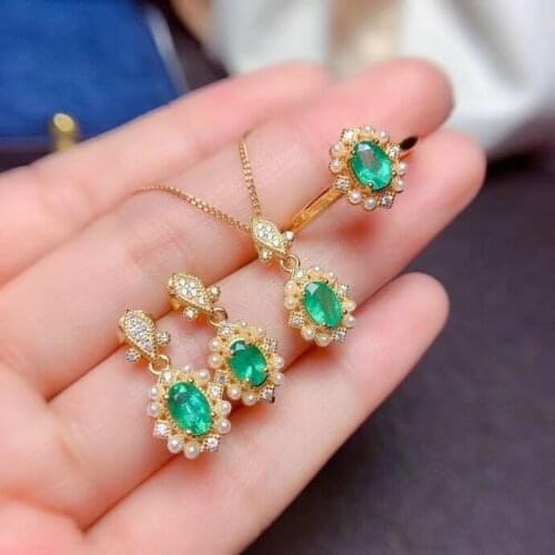 Vintage Emerald Jewelry Set for Wedding 4mm*6mm Natural Emerald Wedding Jewelry 925 Silver Emerald Ring Emerald Earrings Emerald