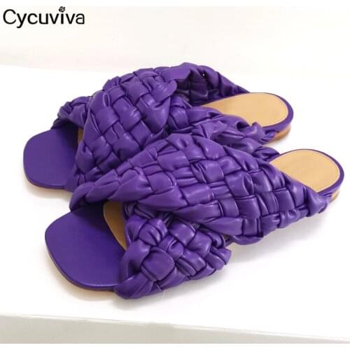Desginer Braid Leather Mules Flat Beach Slippers Square Open Toe Slides Summer Brand Ladies Shoes Runway Flat Casual Shoes Woman