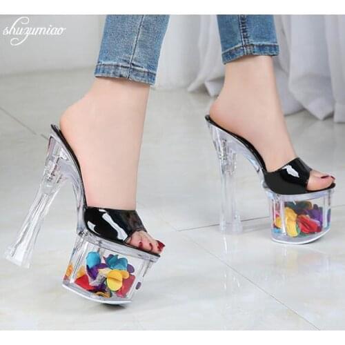 Women Slipper Summer Flower 4 Color 2019 Sexy Crystal Slipper Heels 17cm Transparent Slipper Cool Slippers Females Wedding Shoe