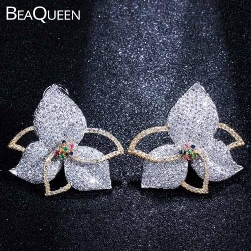 BeaQueen Beautiful Large Leaf Flower Multicolor Cubic Zircon Crystal Paved Women Wedding Earrings Luxury Ear Jewelry E215