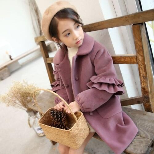 2019 Autumn Winter Girls Woolen Coat Pink Red Cute Petal Long Sleeves Jacket for Kids Age 8 10 12T Windbreaker