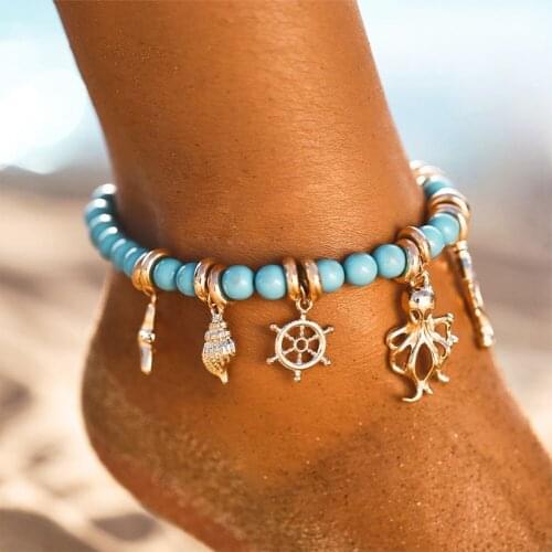 ZV Summer Beach Boho Ocean Anklet Rudder Bracelet On Leg Beaded Rope Outdoor Beach Chain Green Color Ankle Gift