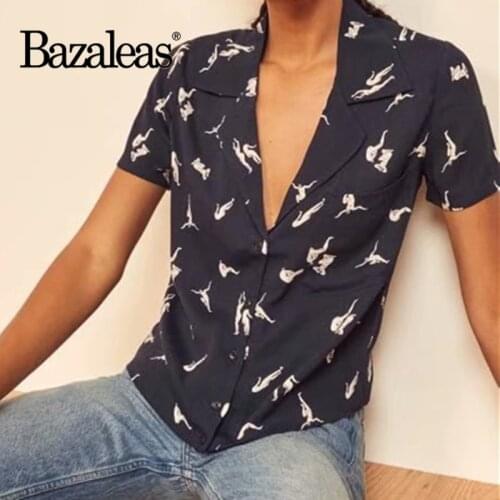 Bazaleas Chic Person Dance Print Short Sleeve Ropa Mujer Fashion Turn Down Collar Blouse Harajuku Vintage Center Buttons Blouse